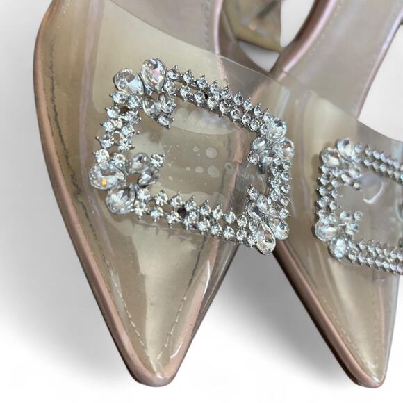 Fashion Nova Clear PVC Rhinestone Mule Heels Pink Lucite Flared Heel Size 6 - Picture 3 of 6